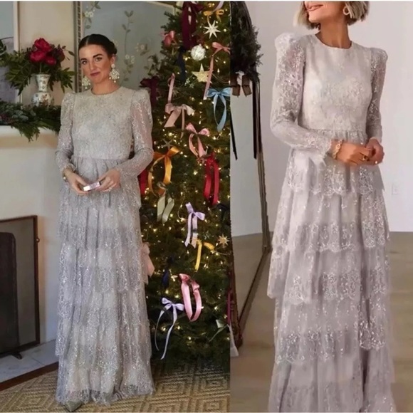 Antonio Melani Born on Fifth Silver Metallic Lace Long Sleeve Tiered Dress NEW - Picture 4 of 14